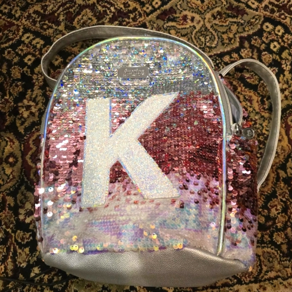 Justice Flip Sequin Silver Pink Letter 'K" Mini Backpack